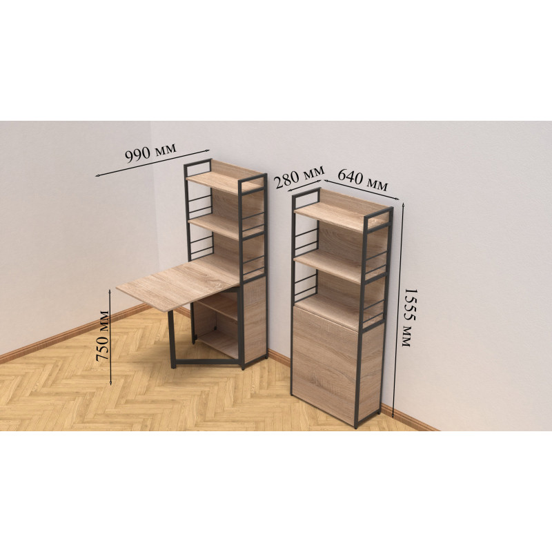 Стол книжка с этажеркой Практик 2 Ferrum-decor 1555x640x990 Черный металл ДСП Дуб Сонома 16 мм (FRD-104628)