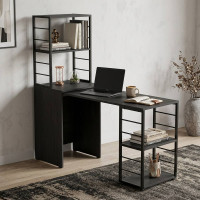 Стол-тумба трансформер Смарт 3/2 с этажеркой Ferrum-decor 1430x1450x600 Черный металл ДСП Сосна Кембра 16 мм (FRD-105118)