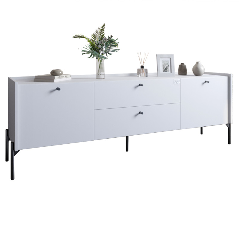 Тумба под телевизор с ящиками LION Wood с черными ножками 160x40x65 см Нимфея Альба (белый) (LION-043132)