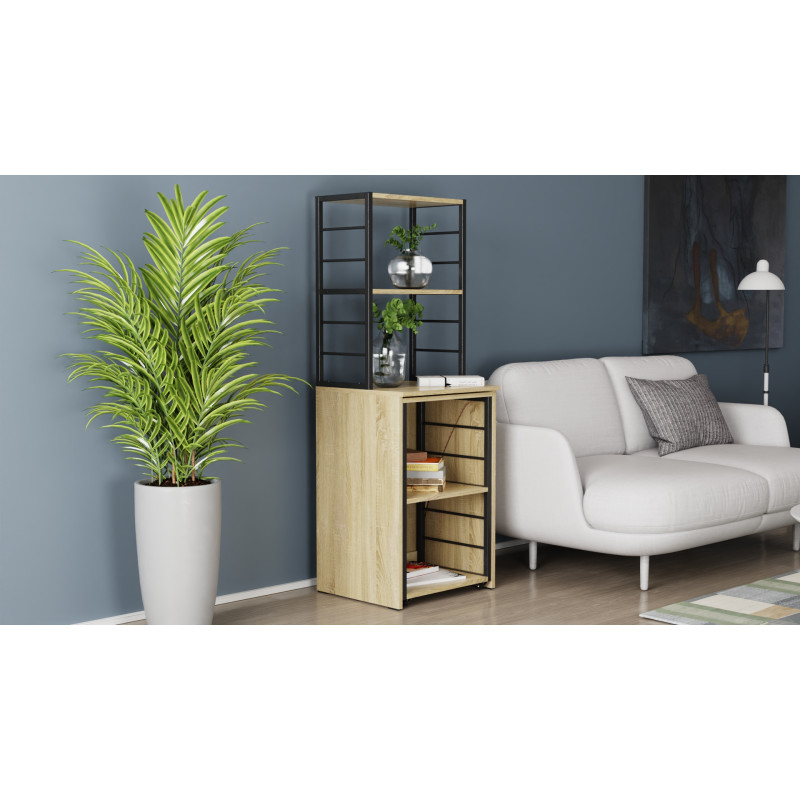 Стол-тумба трансформер Смарт 3/2 с этажеркой Ferrum-decor 1430x1450x600 Черный металл ДСП Дуб Сонома 16 мм (FRD-105119)