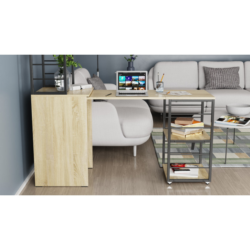 Стол-тумба трансформер Смарт 3/2 с этажеркой Ferrum-decor 1430x1450x600 Черный металл ДСП Дуб Сонома 16 мм (FRD-105119)