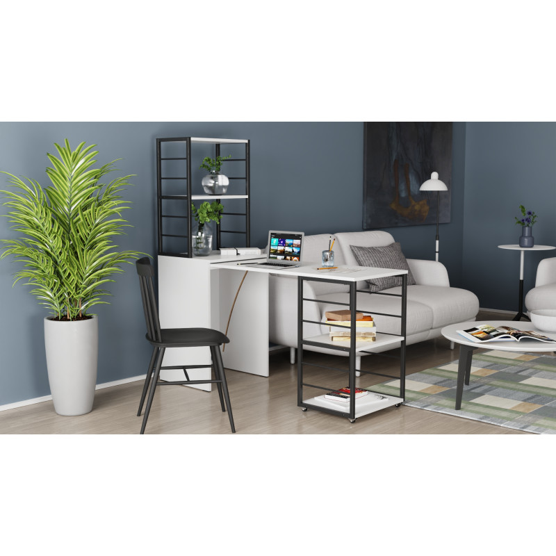 Стол-тумба трансформер Смарт 3/1 с этажеркой Ferrum-decor 1430x1450x500 Черный металл ДСП Белое 16 мм (FRD-105109)