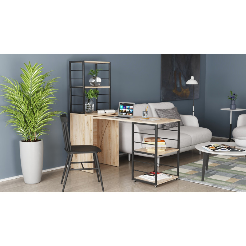 Стол-тумба трансформер Смарт 3/1 с этажеркой Ferrum-decor 1430x1450x500 Черный металл ДСП Дуб Сан-Марино 16 мм (FRD-105110)