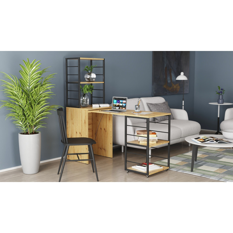 Стол-тумба трансформер Смарт 3/2 с этажеркой Ferrum-decor 1430x1450x600 Черный металл ДСП Дуб Артизан 16 мм (FRD-105121)