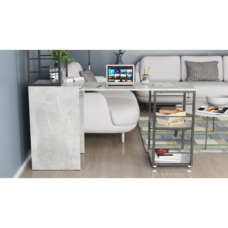 Стол-тумба трансформер Смарт 3/2 с этажеркой Ferrum-decor 1430x1450x600 Черный металл ДСП Бетон 16 мм (FRD-105122)