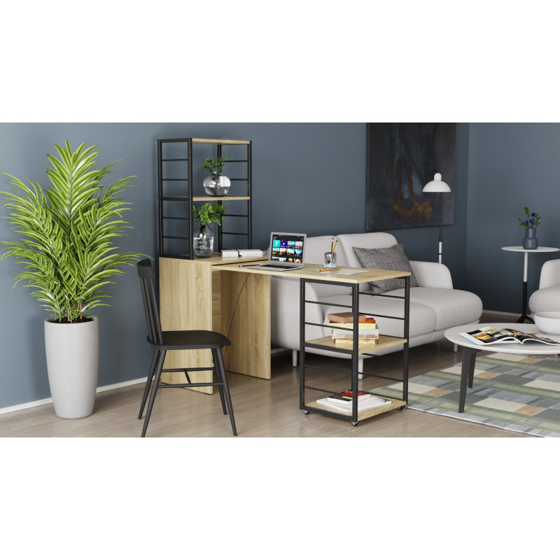 Стол-тумба трансформер Смарт 3/1 с этажеркой Ferrum-decor 1430x1450x500 Черный металл ДСП Дуб Сонома 16 мм (FRD-105112)