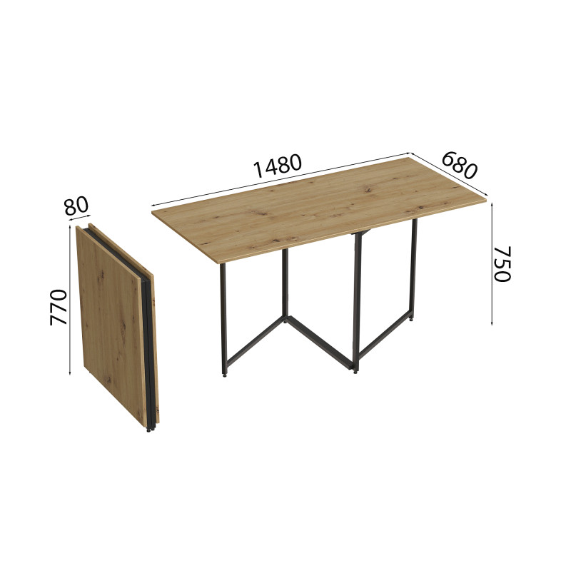 Стол трансформер книга Панама Ferrum-decor 75x148x68 Черный металл ДСП Дуб Артизан 16 мм (FRD-106832)