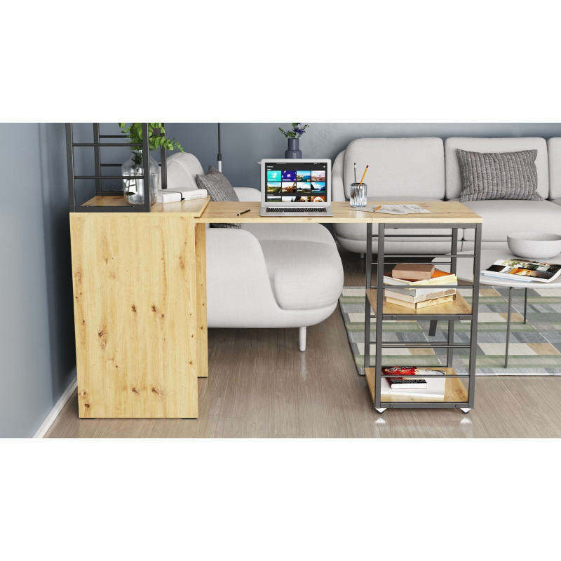 Стол-тумба трансформер Смарт 3/1 с этажеркой Ferrum-decor 1430x1450x500 Черный металл ДСП Дуб Артизан 16 мм (FRD-105114)
