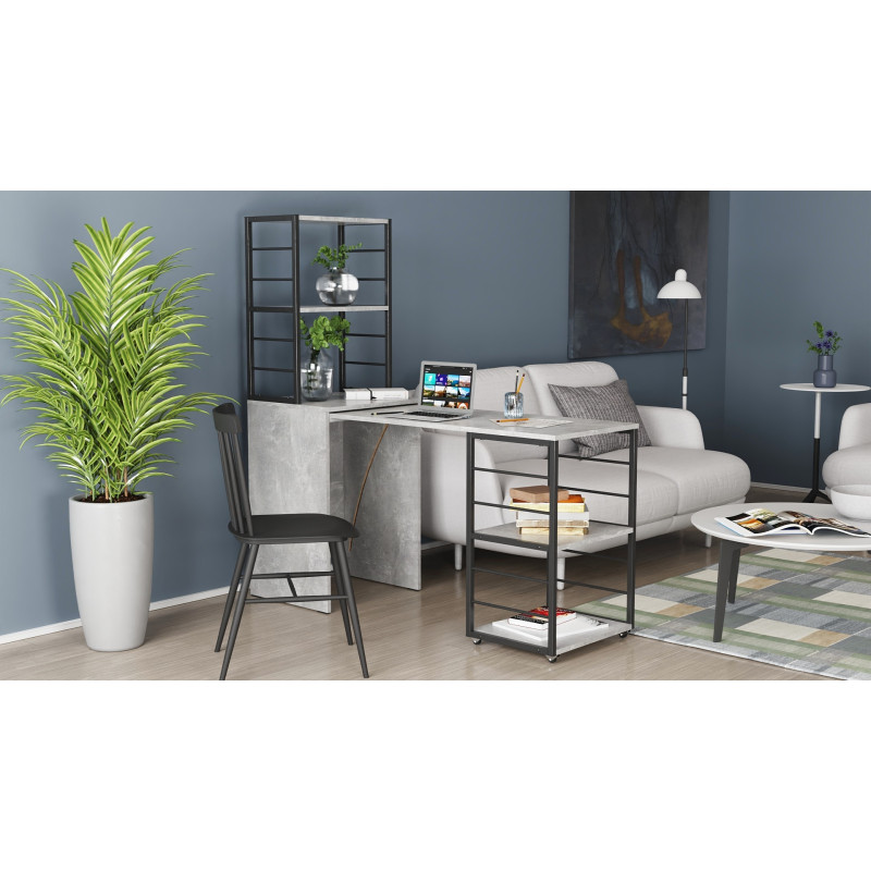 Стол-тумба трансформер Смарт 3/1 с этажеркой Ferrum-decor 1430x1450x500 Черный металл ДСП Бетон 16 мм (FRD-105115)