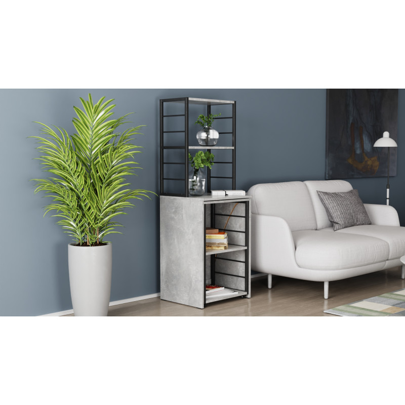 Стол-тумба трансформер Смарт 3/1 с этажеркой Ferrum-decor 1430x1450x500 Черный металл ДСП Бетон 16 мм (FRD-105115)