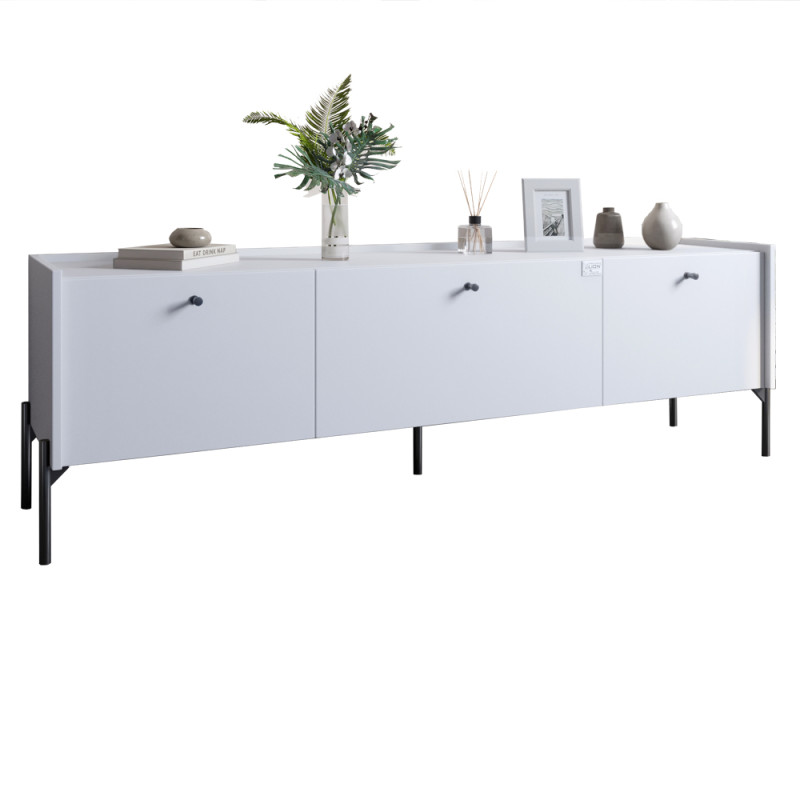 Тумба под телевизор на 3 ящика LION Wood с черными ножками 180x50x40 см Нимфея Альба (белый) (LION-043102)