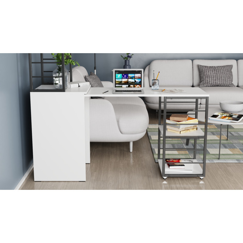 Стол-тумба трансформер Смарт 3/2 с этажеркой Ferrum-decor 1430x1450x600 Черный металл ДСП Белое 16 мм (FRD-105116)