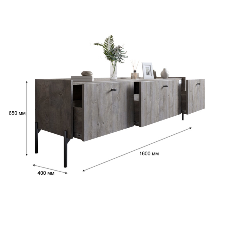 Тумба под телевизор на 3 ящика LION Wood с золотыми ножками 180x50x40 см Самоа Дымчатый (LION-042999)