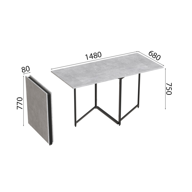 Стол трансформер книга Панама Ferrum-decor 75x148x68 Черный металл ДСП Бетон 16 мм (FRD-106825)