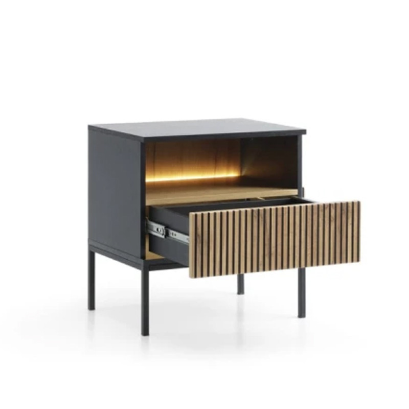 Тумба приліжкова з підсвіткою Perfect Home Sento S54 з 1 шухлядою 53х56х39 см Чорний/Дуб вотан (PFH-091484)