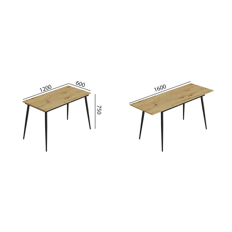 Стол кухонный раскладной Данди на конусных ногах Ferrum-decor 75x120 160)x60 Черный металл ДСП Дуб Артизан 16 мм (FRD-106776)