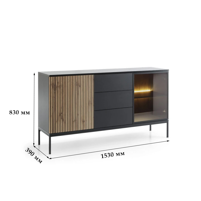 Комод з підсвіткою Perfect Home Sento KSZ154 2-дверний з 3 шухлядами 153х83х39 см Чорний/дуб вотан (PFH-091487)