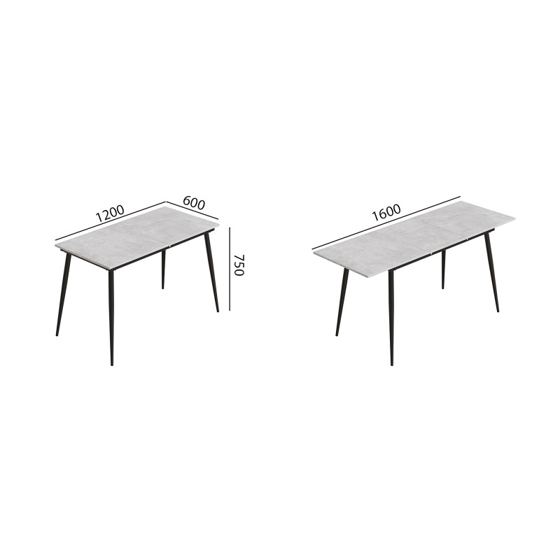 Стол кухонный раскладной Данди на конусных ногах Ferrum-decor 75x120 160)x60 Черный металл ДСП Бетон 16 мм (FRD-106769)