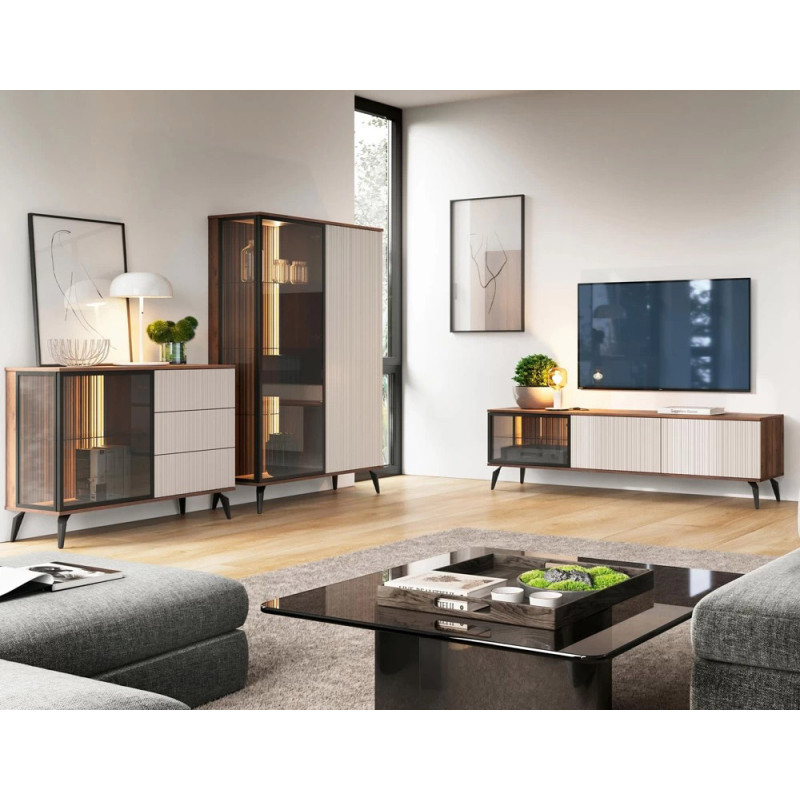 Тумба під телевізор з підсвіткою Perfect Home Vici RTV180 3D 180x50x39 Горіх/Кашемір (PFH-091295)