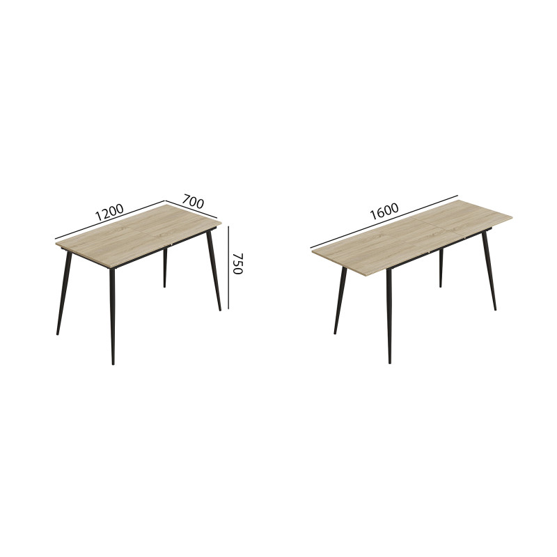 Стол кухонный раскладной Данди на конусных ногах Ferrum-decor 75x120 160)x70 Черный металл ДСП Дуб Сонома 16 мм (FRD-106780)