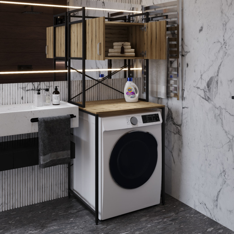 Стелаж-полиця Бафрум 404 Ferrum-decor для пральної машини 178x70,5x60,5 Чорний метал ДСП Дуб Евок Прибережний 16 мм (FRD-107604)
