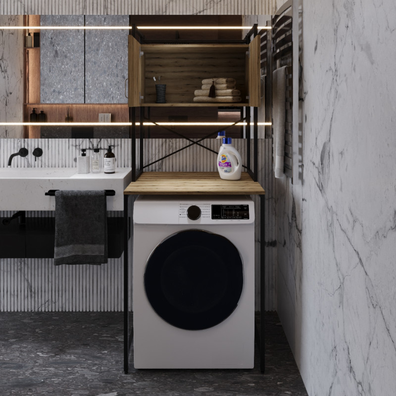 Стелаж-полиця Бафрум 404 Ferrum-decor для пральної машини 178x70,5x60,5 Чорний метал ДСП Дуб Евок Прибережний 16 мм (FRD-107604)
