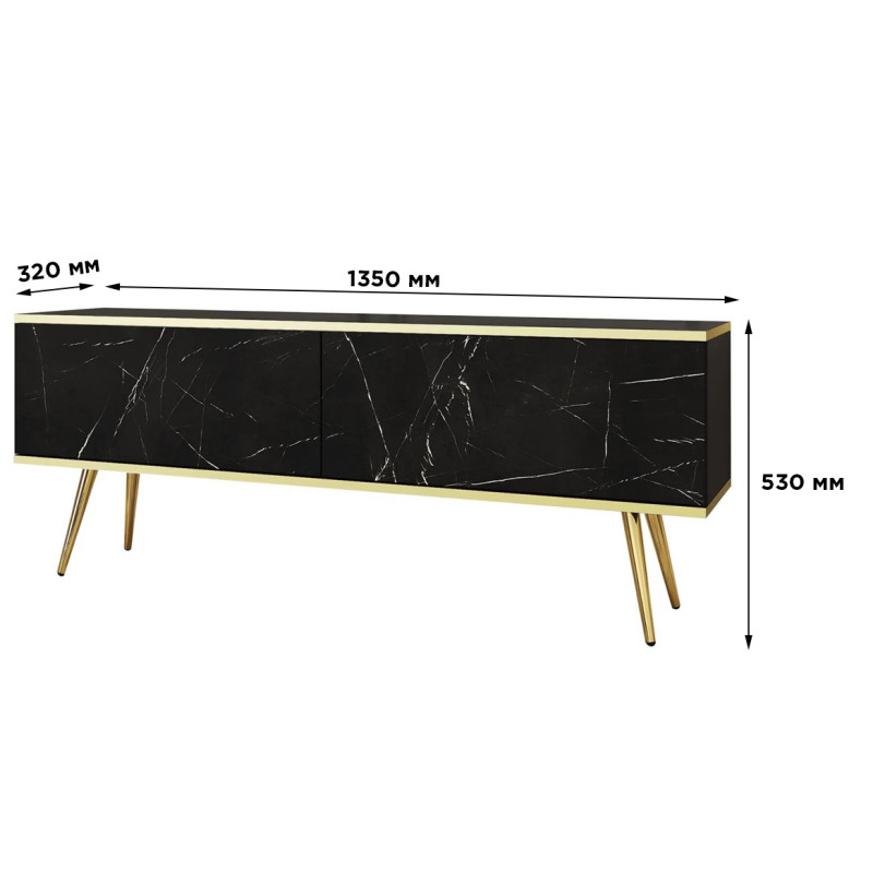 Тумба під телевізор Perfect Home Oro RTV135 2D 135х53х32 Чорний мармур (золоті ніжки) (PFH-091323)