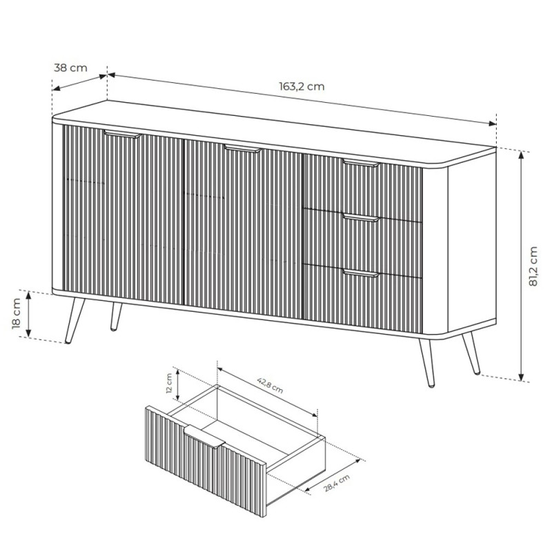 Комод з телескопічними напрямними Perfect Home Lante 2D3S/163 163,2x81,2x38 Чорний (золоті ніжки) (PFH-091191)