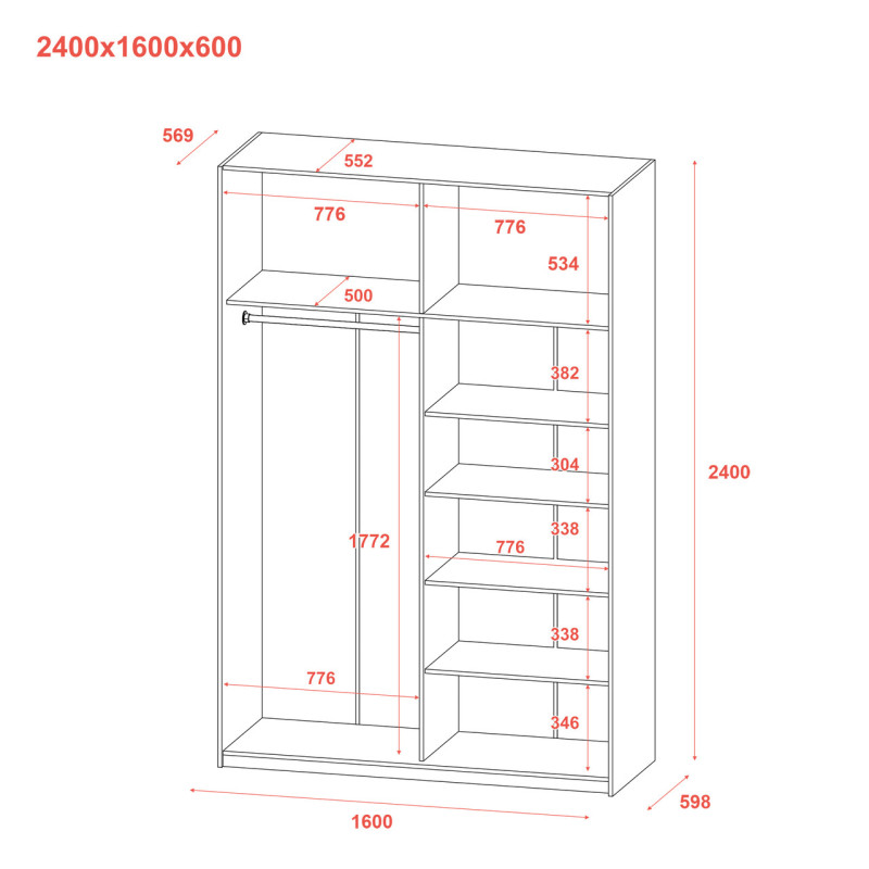Шафа купе Doros G-Caiser Антрацит 2 Дзеркала / 3 частини 160х60х240 (42005409) (DRS-012242)