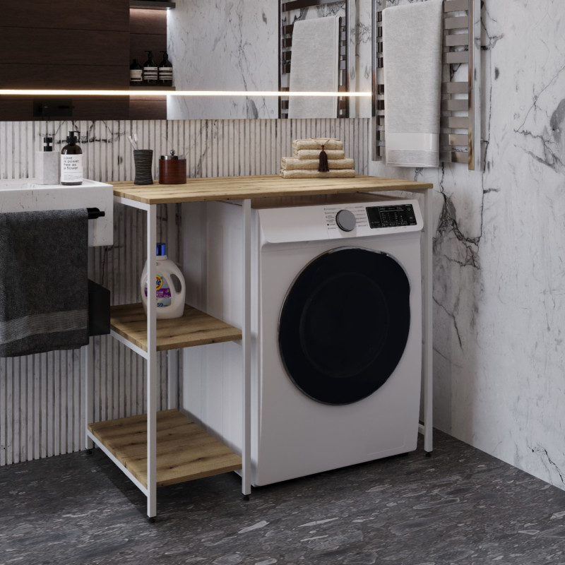 Стелаж-полиця Бафрум 405 Ferrum-decor для пральної машини 90x101x60,5 Білий метал ДСП Дуб Евок Прибережний 16 мм (FRD-107619)
