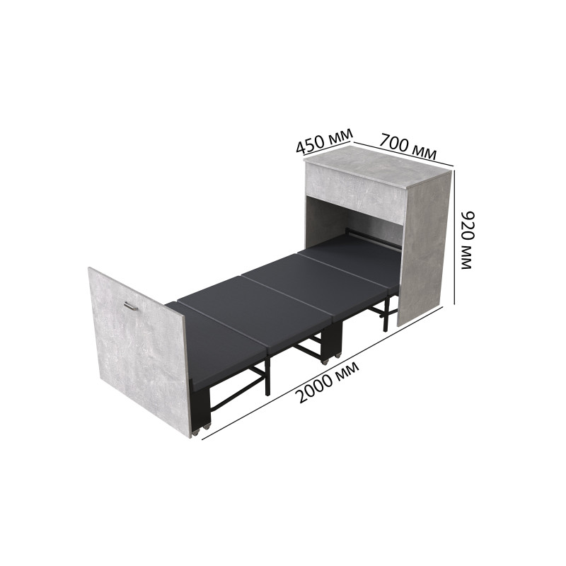 Ліжко трансформер комод ASCET 3 Ferrum-decor 920x2000x700 Чорний метал ДСП Бетон 16 мм (FRD-107339)